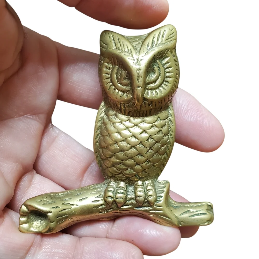 Vintage Solid Brass Owl Figurine On Branch. 2.75
